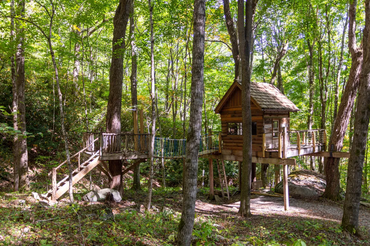 A whimsical treehouse stands elevated among mature trees, with sturdy wooden stairs leading up and a leafy forest floor below. The setting is playful and magical, inviting both children and adults to climb up and explore. The outdoor surroundings suggest privacy and immersion in nature.